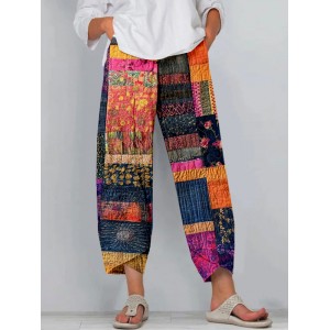 Colorful Boho Patchwork Cropped Casual Pants