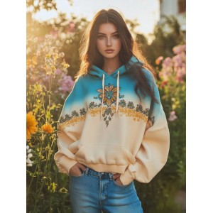Ukrainian Folk Sunflower Embroidered Gradient Art Pattern Hoodie
