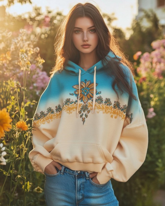 Ukrainian Folk Sunflower Embroidered Gradient Art Pattern Hoodie Ukrainian Folk Sunflower Embroidered Gradient Art Pattern Hoodie
