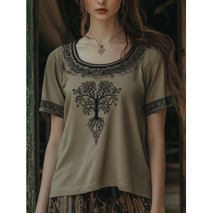 Vintage Tribal Tree Of Life Print Crew Neck T-shirt