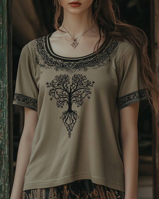 Vintage Tribal Tree Of Life Print Crew Neck T-shirt Vintage Tribal Tree Of Life Print Crew Neck T-shirt