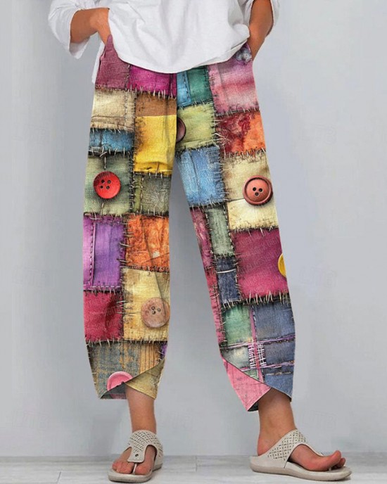 Women's Boho Multicolor Patchwork Art Linen Blend Pants