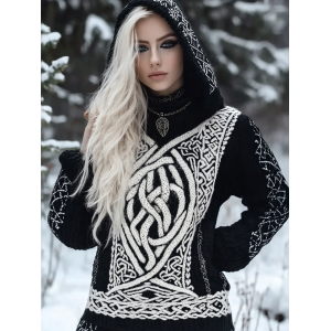 Women's Viking Style Celtic Knot Knitted Jacquard Hooded Sweater