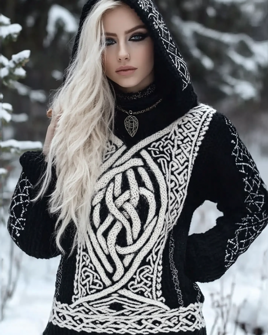 Women's Viking Style Celtic Knot Knitted Jacquard Hooded Sweater Women's Viking Style Celtic Knot Knitted Jacquard Hooded Sweater