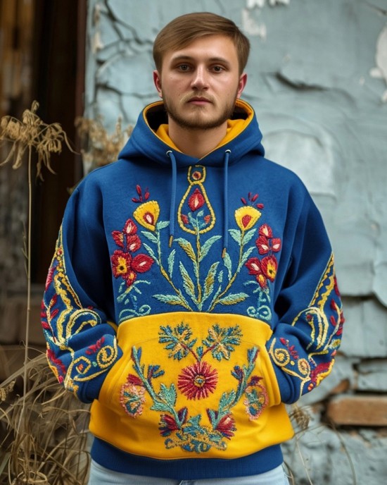 Men's Ukrainian Folk Floral Embroidered Contrast Color Washed Hoodie Men's Ukrainian Folk Floral Embroidered Contrast Color Washed Hoodie