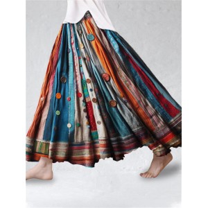 Boho Colorful Textile Flowy Linen Blend Wide Skirt