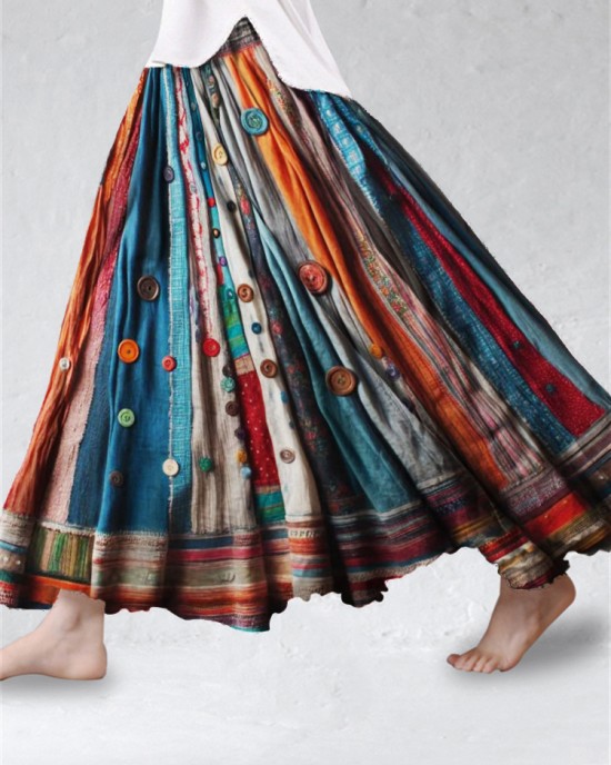 Boho Colorful Textile Flowy Linen Blend Wide Skirt Boho Colorful Textile Flowy Linen Blend Wide Skirt