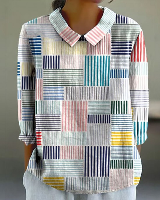Women's Abstract Geometric Line Art Print Design Lapel Shirt Women's Abstract Geometric Line Art Print Design Lapel Shirt