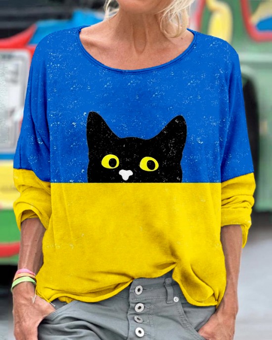 Ukraine Cat Art Print Crewneck Comfy T Shirt Ukraine Cat Art Print Crewneck Comfy T Shirt