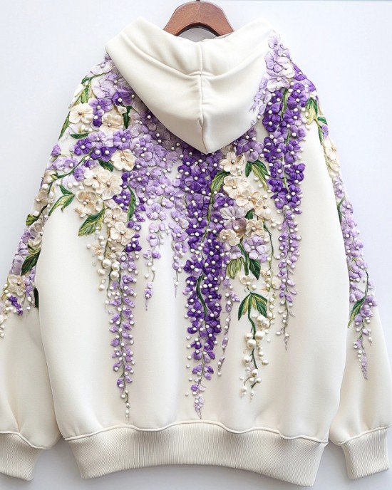 Women's Purple Floral Beaded Embroidered Cozy Hoodie Women's Purple Floral Beaded Embroidered Cozy Hoodie