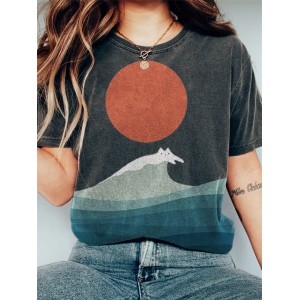 Cat Sea Wave Sunrise Japanese Art Vintage T Shirt