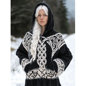 Women's Viking Tribal Jacquard Celtic Inspired Chunky Knit Hooded Sweater