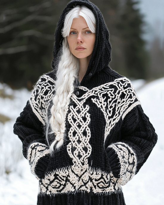 Women's Viking Tribal Jacquard Celtic Inspired Chunky Knit Hooded Sweater