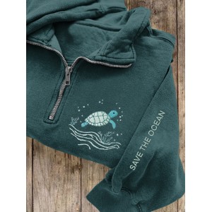 Save The Ocean Sea Turtles Embroidered Zip Up Sweatshirt