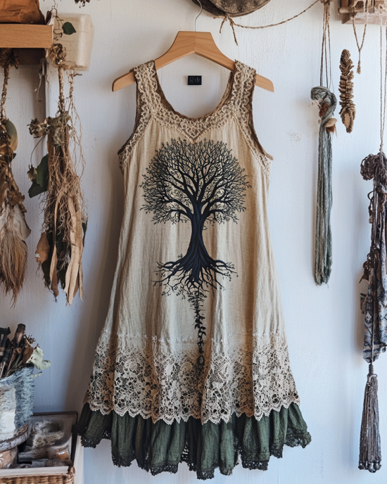 Viking Tree Of Life Lace Art Linen Tank Dress
