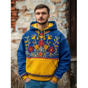 Men's Ukrainian Folk Floral Embroidered Contrast Color Comfy Hoodie