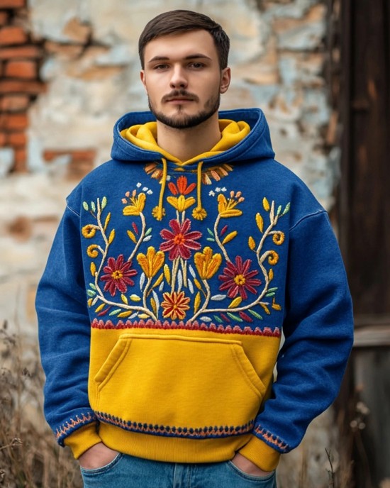 Men's Ukrainian Folk Floral Embroidered Contrast Color Comfy Hoodie Men's Ukrainian Folk Floral Embroidered Contrast Color Comfy Hoodie