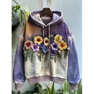 Classy Flowers Embroidered Contrast Color Washed Hoodie