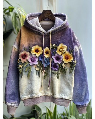 Classy Flowers Embroidered Contrast Color Washed Hoodie