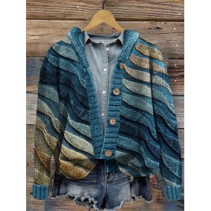 Beach Sea Waves Inspired Knit Art Cozy Hooded Cardigan