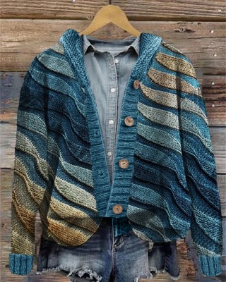 Beach Sea Waves Inspired Knit Art Cozy Hooded Cardigan