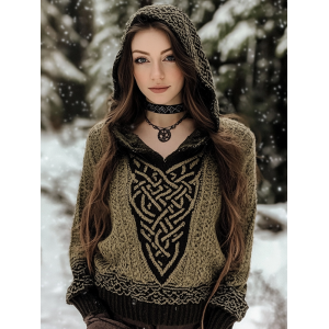 Women's Viking Style Celtic Knot Knitted Jacquard Hooded Sweater