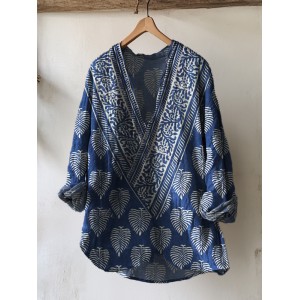 Indigo Leaves Ethnic Block Print Beach Linen Tunic