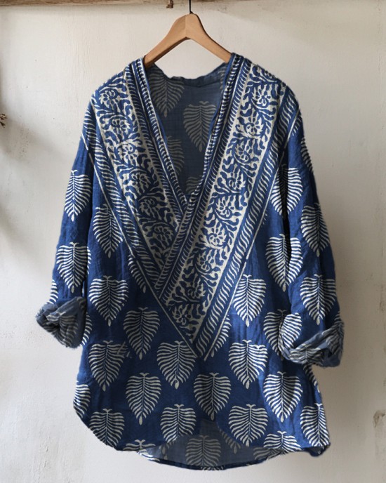 Indigo Leaves Ethnic Block Print Beach Linen Tunic Indigo Leaves Ethnic Block Print Beach Linen Tunic