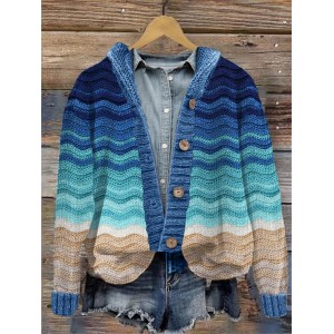 Beach Sea Waves Inspired Knit Hooded Cardigan