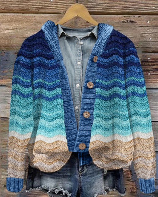 Beach Sea Waves Inspired Knit Hooded Cardigan Beach Sea Waves Inspired Knit Hooded Cardigan