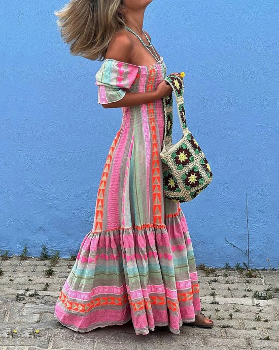 Vintage Geometric Color Block Bohemian Leisure Holiday Pleated Patchwork Half Sleeve Square Neck Colorful Midi Dress