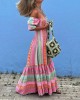 Vintage Geometric Color Block Bohemian Leisure Holiday Pleated Patchwork Half Sleeve Square Neck Colorful Midi Dress