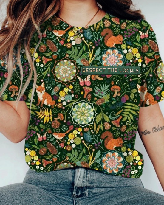 Respect The Locals Embroidered Animals Floral Pattern T Shirt