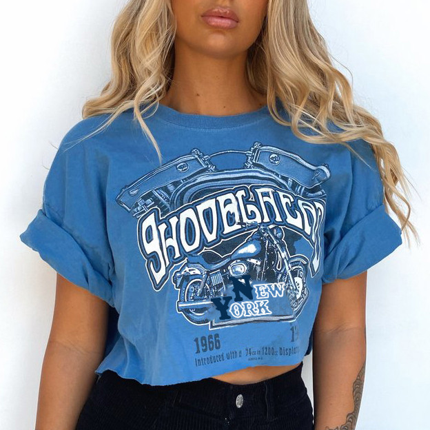 Retro shoulder pad motorcycle print dopamine short top HF2402-03-03 Retro shoulder pad motorcycle print dopamine short top HF2402-03-03