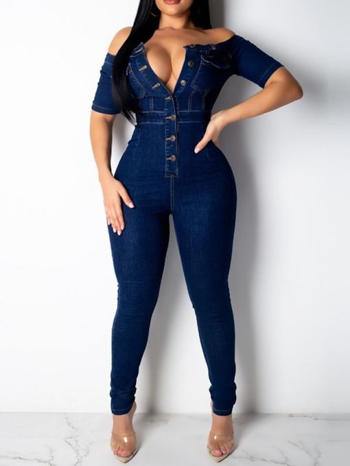 Collar Short Sleeve Buttons Bodycon Denim Jumpsuit Overalls HF2616-02-02 Collar Short Sleeve Buttons Bodycon Denim Jumpsuit Overalls HF2616-02-02