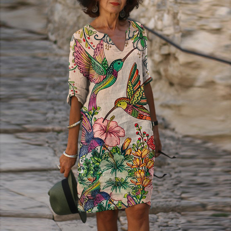 Birds and flowers scent V-neck loose fit comfortable dress HF1816-03-01 Birds and flowers scent V-neck loose fit comfortable dress HF1816-03-01