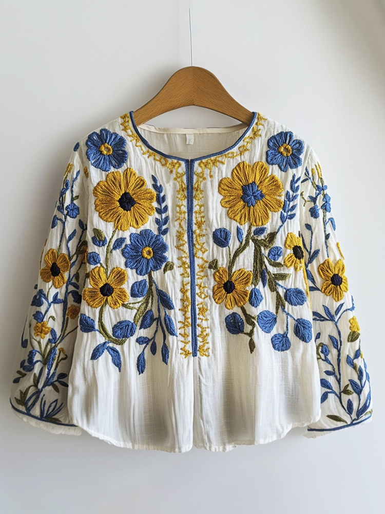Yellow & Blue Floral Embroidery Art Women's Linen Shirt