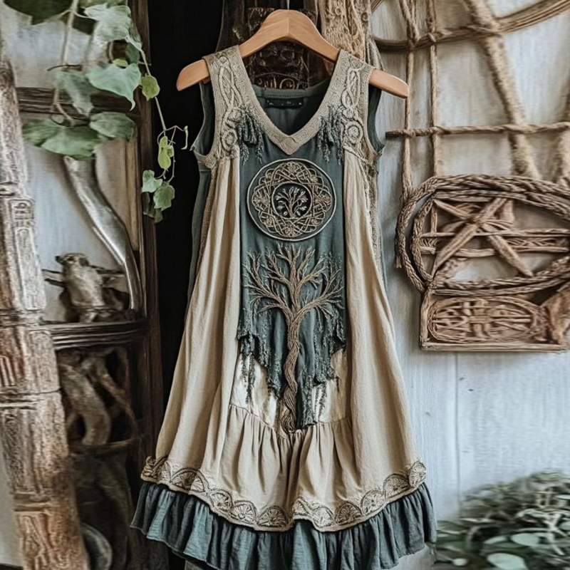 Viking Celtic Knot Patchwork Art Linen Tank Dress Viking Celtic Knot Patchwork Art Linen Tank Dress