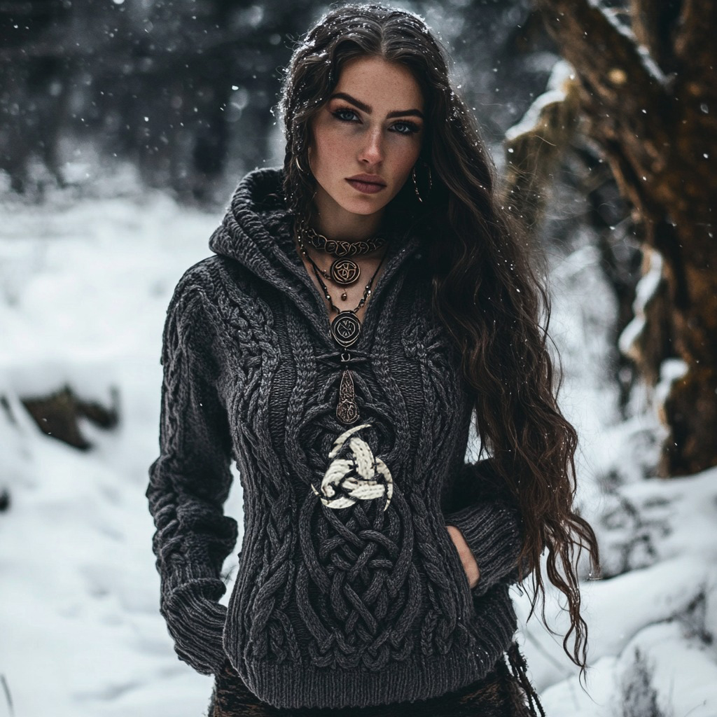 Women's Viking Tribal Witch Inspired Chunky Knit Hooded Sweater Women's Viking Tribal Witch Inspired Chunky Knit Hooded Sweater