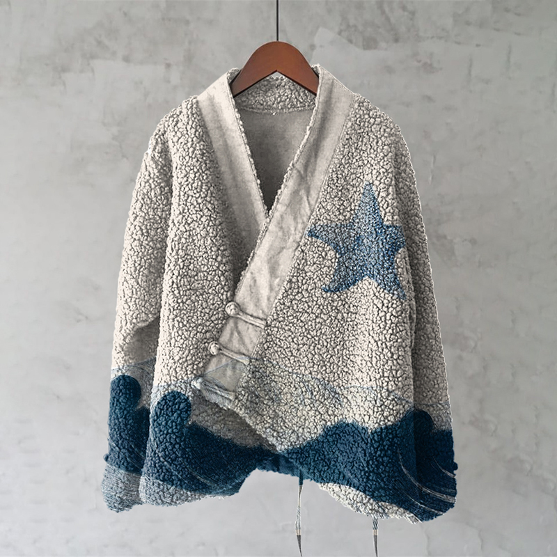 Vintage Wave And Starfish Art Print Kimono Cardigan Vintage Wave And Starfish Art Print Kimono Cardigan