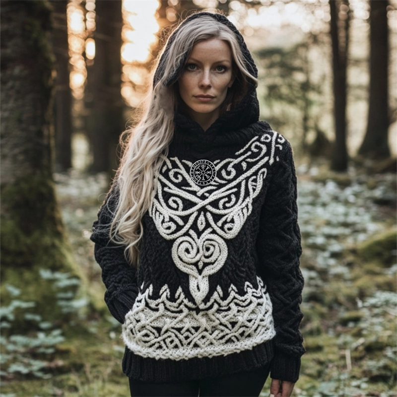 Vintage Viking Vegvisir Embroidered Celtic Cozy Chunky Hooded Sweater Vintage Viking Vegvisir Embroidered Celtic Cozy Chunky Hooded Sweater