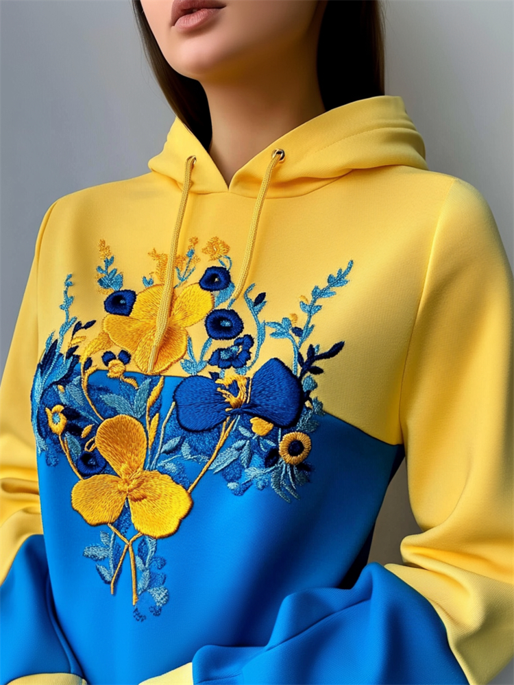 Ukraine Floral Embroidered Contrast Patchwork Hoodie