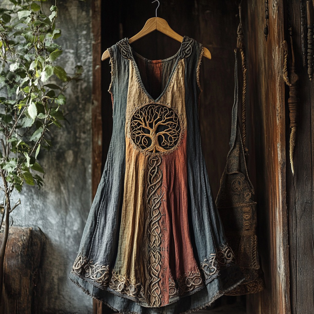 Tribal Viking Colorful Gradient Tree Of Life Lace Art Linen Tank Dress Tribal Viking Colorful Gradient Tree Of Life Lace Art Linen Tank Dress