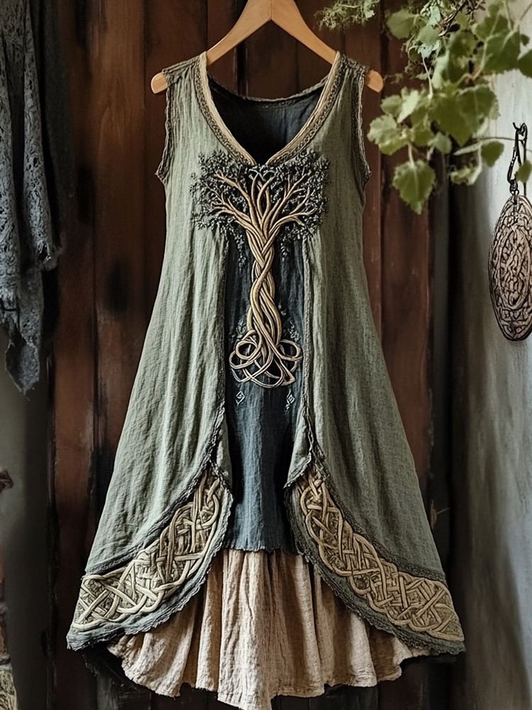 Viking Tree Of Life Celtic Knot Patchwork Art Linen Tank Dress