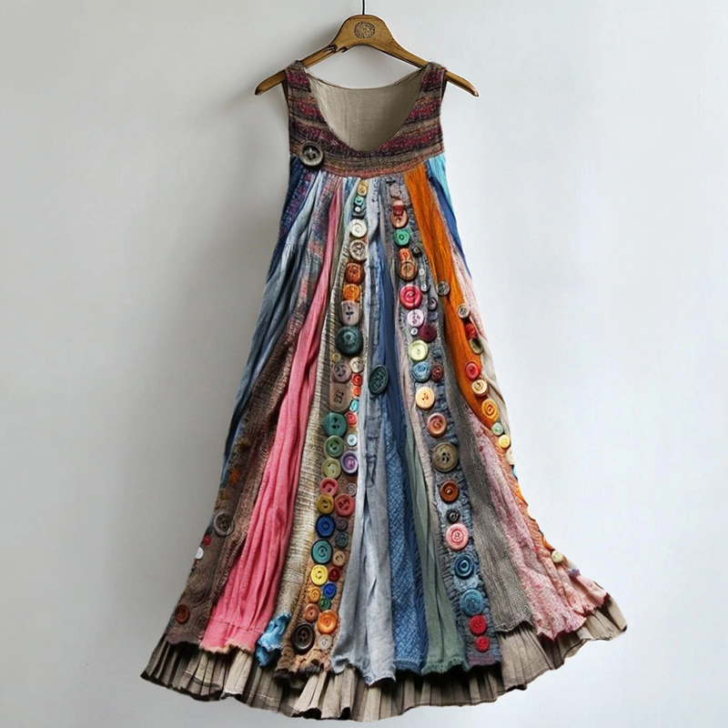 Boho Colorful Textile Flowy Linen Blend Tank Dress Boho Colorful Textile Flowy Linen Blend Tank Dress