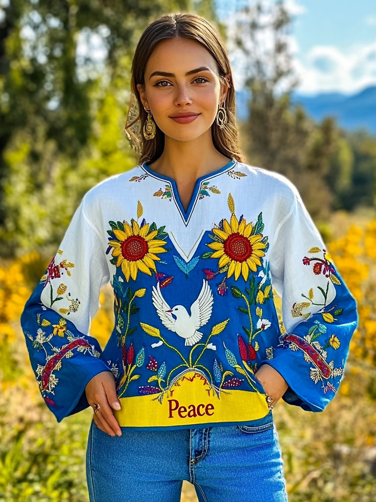 Ukraine Peace Floral Embroidered V-neck Linen Shirt