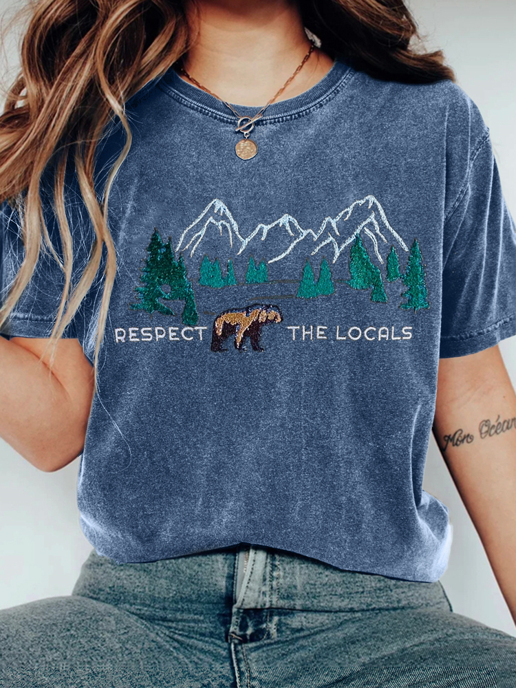 Respect The Locals Bear Landscape Embroidered Washed T Shirt