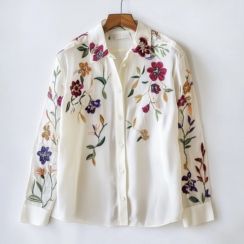 Floral Embroidery Women's Long Sleeve Shirt Floral Embroidery Women's Long Sleeve Shirt