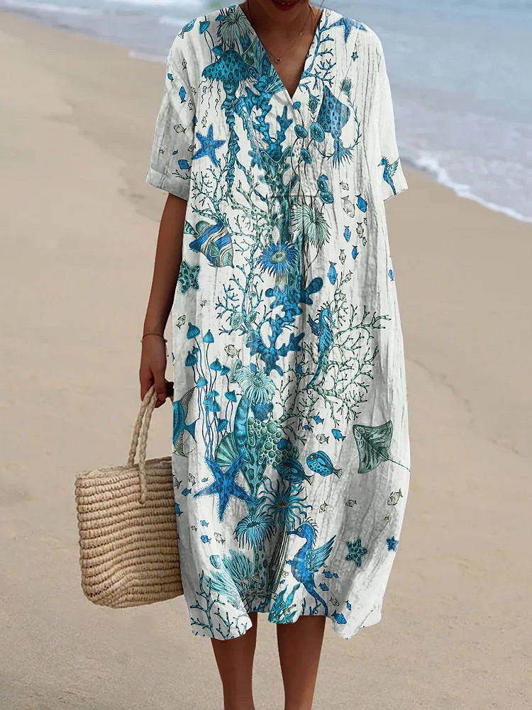 Women's Holiday Series Starfish And Seaweed Pattern Pattern Casual Flowy Midi Dress