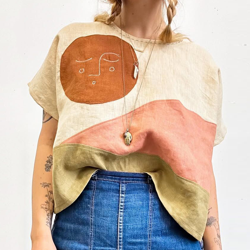 Sunrise & Bird Earthy Landscape Patchwork Linen Top Sunrise & Bird Earthy Landscape Patchwork Linen Top